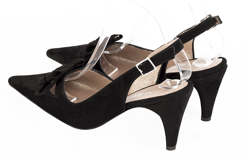 Matt black women's open back shoes, with a knot. Pointed toe. High slim heel. Rear view - Florence KOOIJMAN